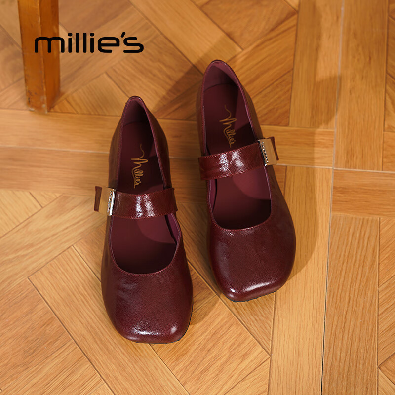 妙丽玛丽珍鞋女低跟真皮浅口复古圆头时尚2025夏季新款百搭配裙子单鞋 酒红色 38 (240mm) 标准码