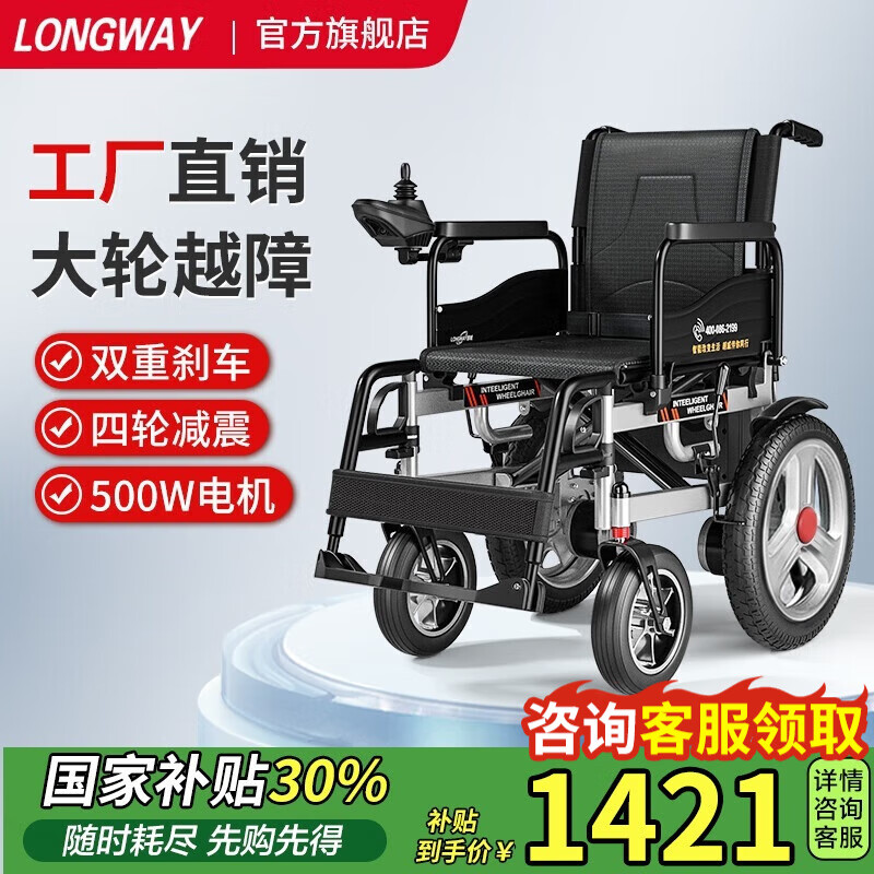 LONGWAY电动轮椅老年人全自动轻便可折叠旅行家用轮椅残疾人代步车LWA08 低靠舒适款丨20AH铅电+续航30公里