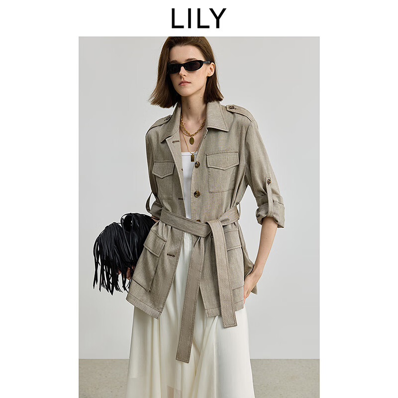 LILY2025秋新款莱赛尔亚麻混纺复古法式宽松休闲通勤工装短外套女 715灰棕 S