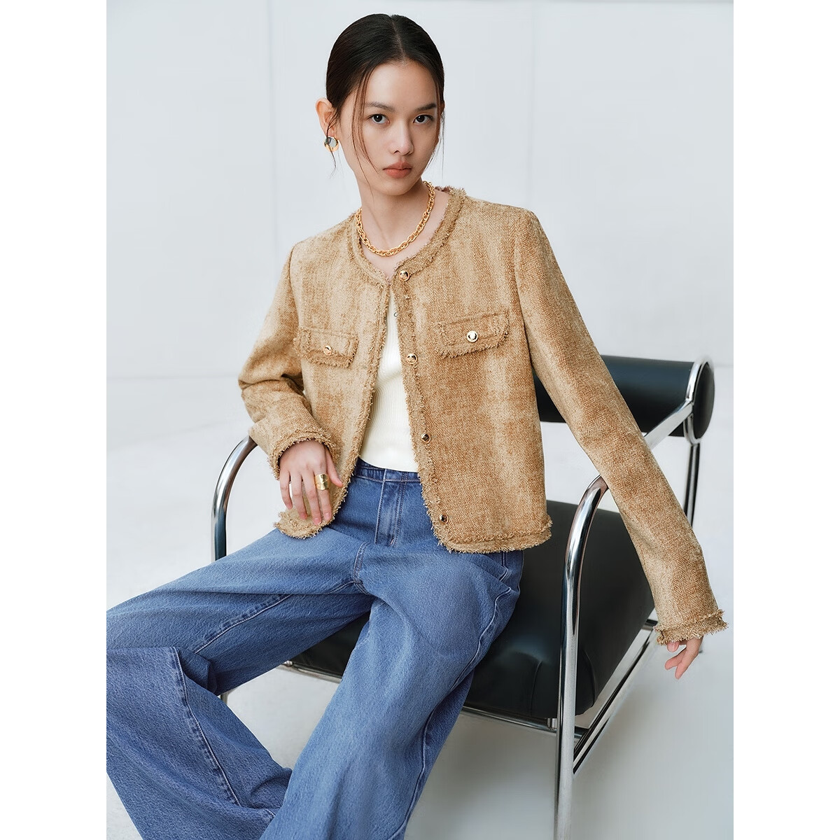 太平鸟秋冬外套集合链接新款女装小香风机车服PU外套冬装夹克 便服棕色 S