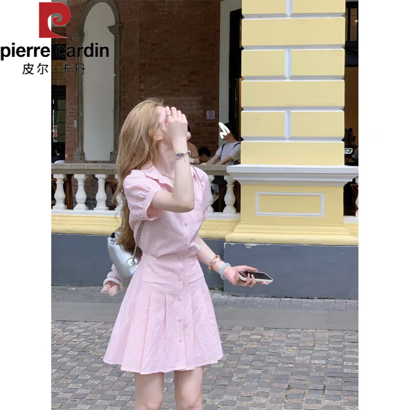 皮尔卡丹（pierre cardin）学院运动风粉条纹衬衫polo连衣裙女夏2025新款显瘦收腰短款a字裙 连衣裙 S