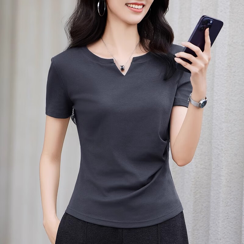 KCV 潮牌女装短袖T恤女2025夏季新款抽褶收腰显瘦上衣打底衫半袖体恤 灰色 3XL 【建议140-155斤】