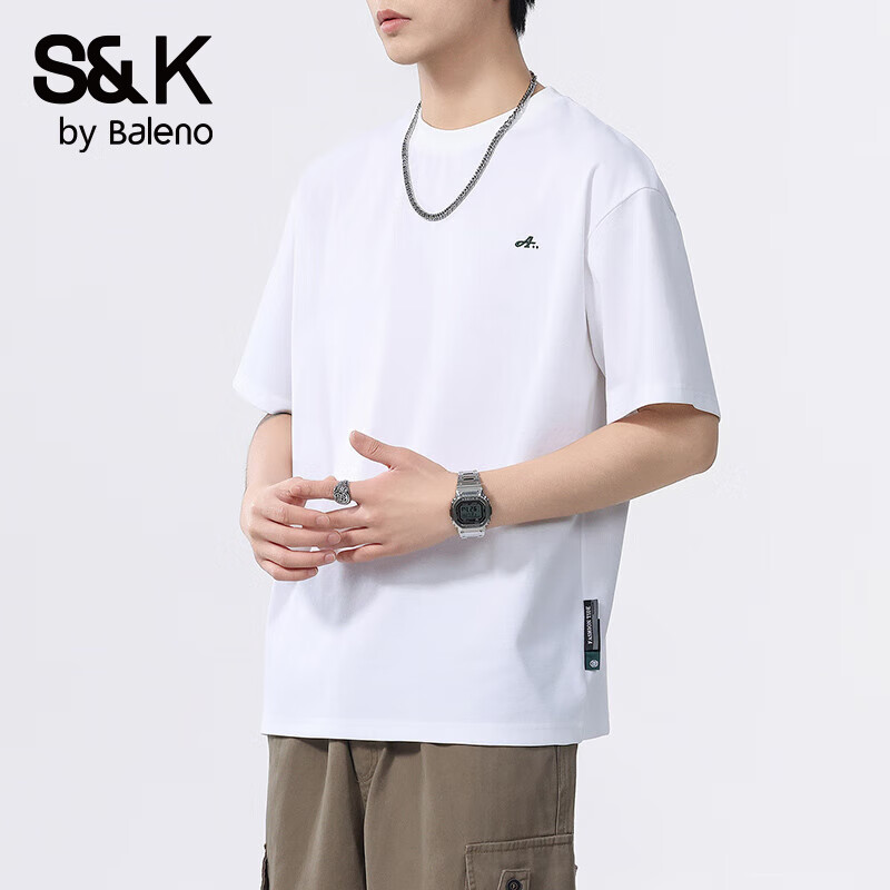 班尼路S&K冰丝速干短袖男生2025夏季宽松抗菌上衣服简约刺绣绿色圆领t恤 浅咖 2XL