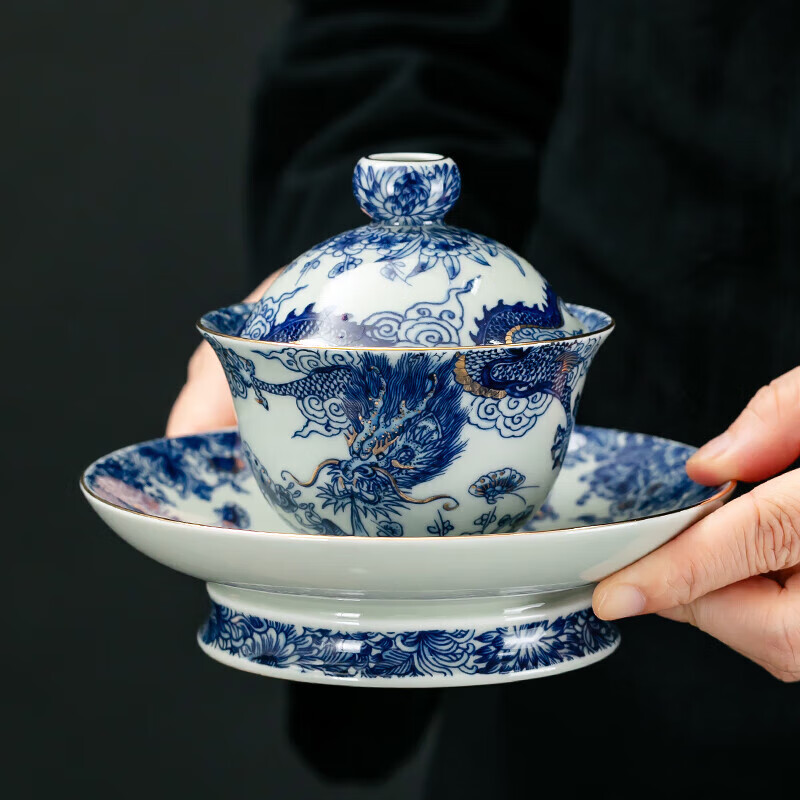 京峰阁 茶具三才盖碗套装 景德镇陶瓷青花瓷高档泡茶碗家用办公室送礼物 鱼化龙纳福三才盖碗180ml