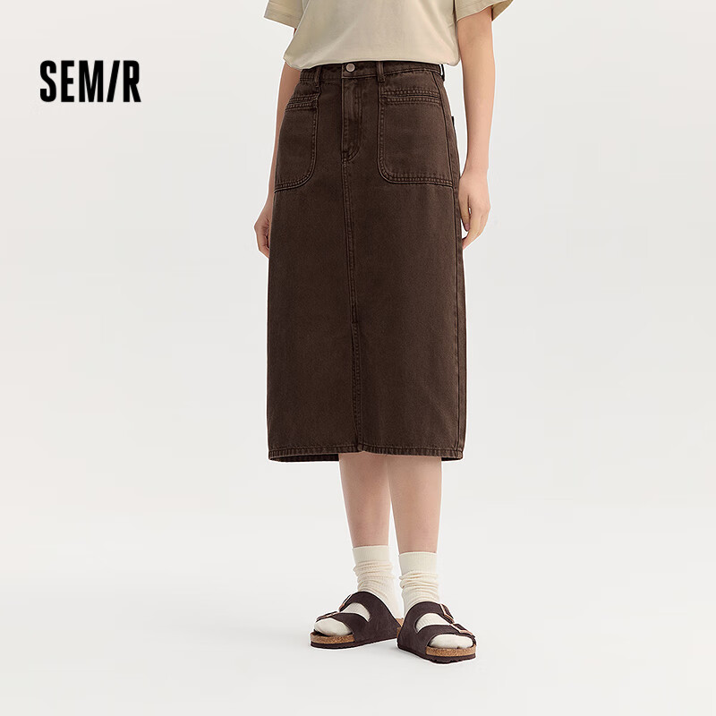 森马（Semir）森柔牛仔|牛仔半身裙女开叉长裙显腿长秋盐系复古直筒裙潮酷 深咖啡50954 L