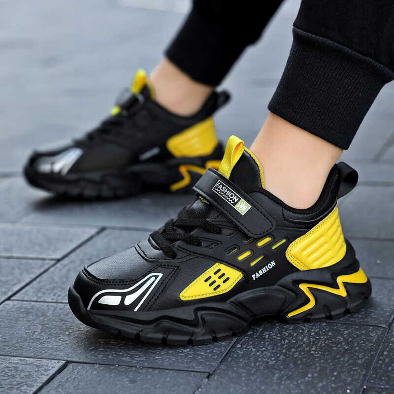 贝天熊儿童运动鞋秋冬款中大童透气网面跑步运动鞋男女童革面魔术贴童鞋 BJL2022黑黄【四季革面】 37 内长23.3/脚22.3