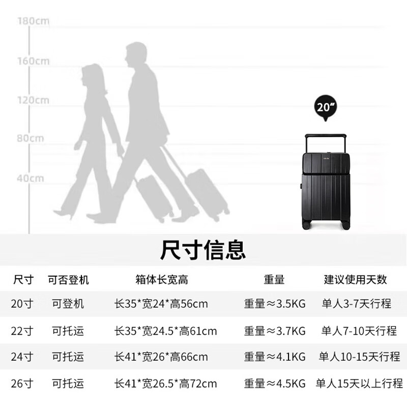 Walker Shop拉杆箱新款【前开盖】行李箱多功能可登机箱出差旅行箱 幻影黑【前开盖+杯架】 20英寸 【登机箱/现货直发】