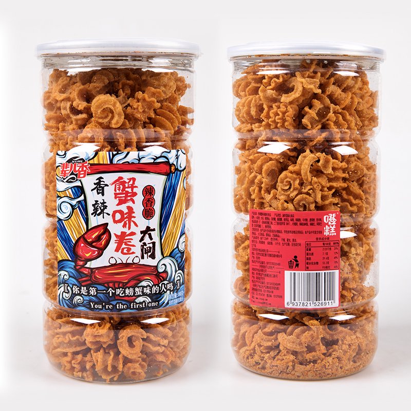 李霸天辈儿香蟹味卷香辣味比萨卷酥脆锅巴桶罐装小零食吃 香辣味*2桶拍4桶送1桶