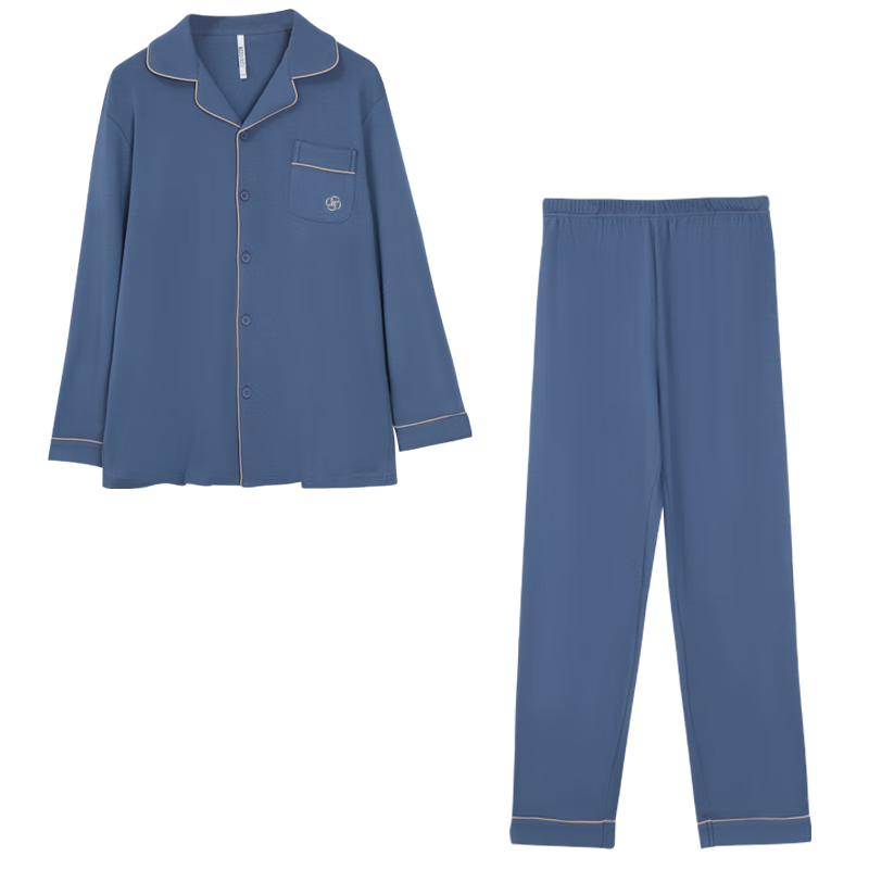 红豆居家春秋款双面精梳纯棉紧密赛络纺家居服男女情侣睡衣 青石蓝 L