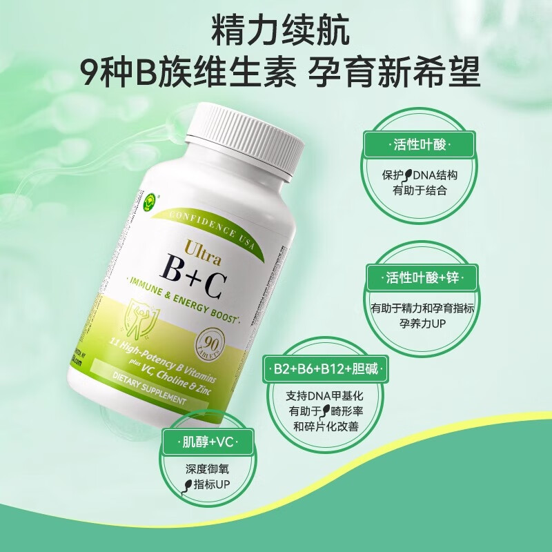 Confidence USA信心康乐叶酸男士备孕复合维生素B族B6B12维C成人增强免疫促代谢 90片*1瓶
