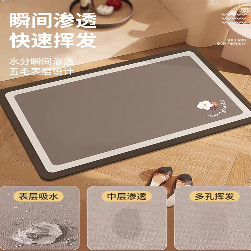 金玉铭川浴室地垫家用卫浴吸水垫速干防滑垫子卫生间厕所耐脏可擦免洗脚垫 GZN-小花-方形 40X60cm【吸水速干防滑】