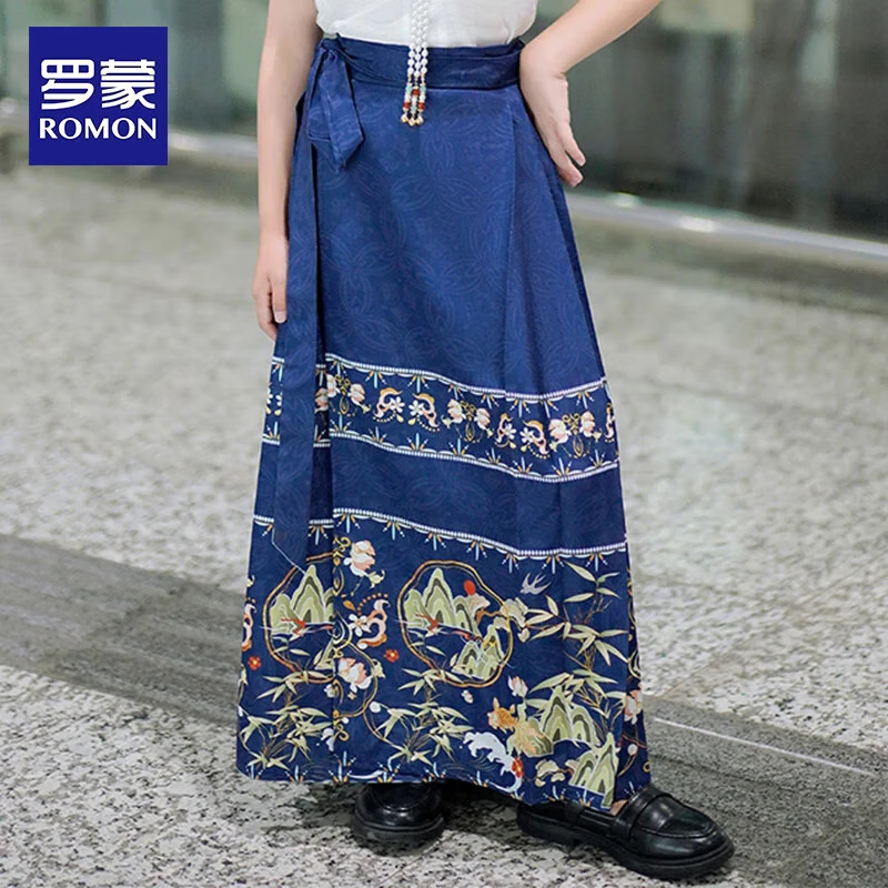 罗蒙毕业儿童节女童马面裙汉服夏儿童古风2026新款国风半身裙演出服 藏青-印花马面裙长款【单裙子】 140