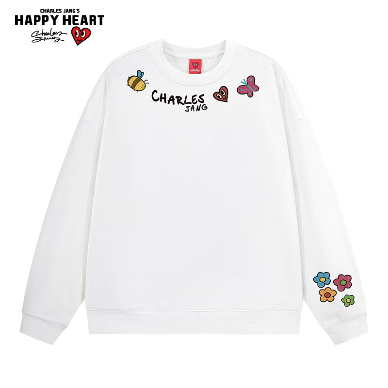 查尔斯桃心美式卫衣男圆领项链涂鸦印花春秋季新款长袖套头情侣 白色 L