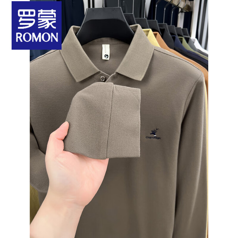 罗蒙(ROMON)100%纯棉长袖t恤男士春秋polo衫高档刺绣中青年商务休闲翻领上衣 黑色 100%纯棉 3XL 185170-185斤