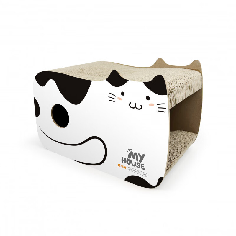 田田貓瓦楞紙耐抓耐磨不掉屑立式上下鋪貓抓板貓窩一體雙層貓房子 奶牛款