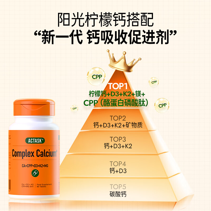 ACTASK有机柠檬酸钙+vd3+k2+镁+cpp成年青少年老年阳光补钙片营养品 30片*1瓶 【维持骨骼强度/维护心血管】3瓶/270片