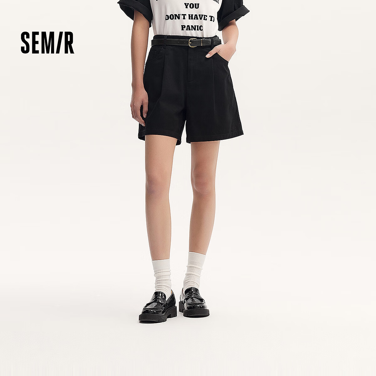 森马（Semir）休闲裤女A字百搭基础气质通勤夏季简约时尚腰带宽松短裤ins潮 黑色90001 26