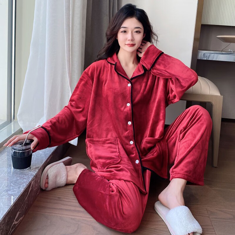 九红妃珊瑚绒睡衣女大码胖mm200斤海岛绒红色本命年家居服结婚套装