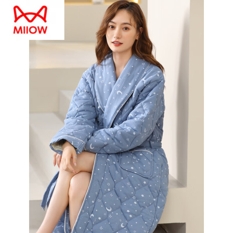 猫人（MiiOW）纯棉睡袍女士加厚连体睡衣秋冬季保暖浴袍中年妈妈三层夹棉家居服 SP001 L 建议110-120斤