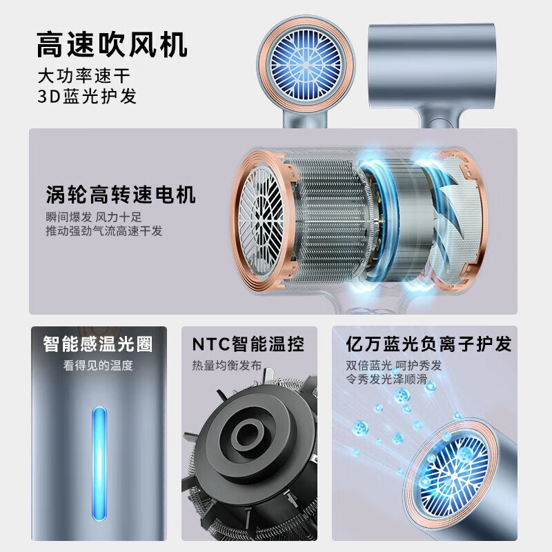 米智能通用吹风机家用静音负离子大功率不伤发折叠3000高速大风力 【闪银蓝】无界3000-折叠AI感温