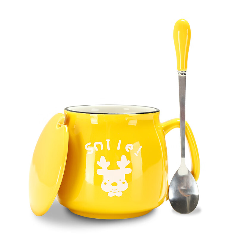 可爱陶瓷杯带盖子勺早餐杯水杯马克杯商务伴手礼带盖子勺咖啡杯牛 蝴蝶粉+盖瓷勺