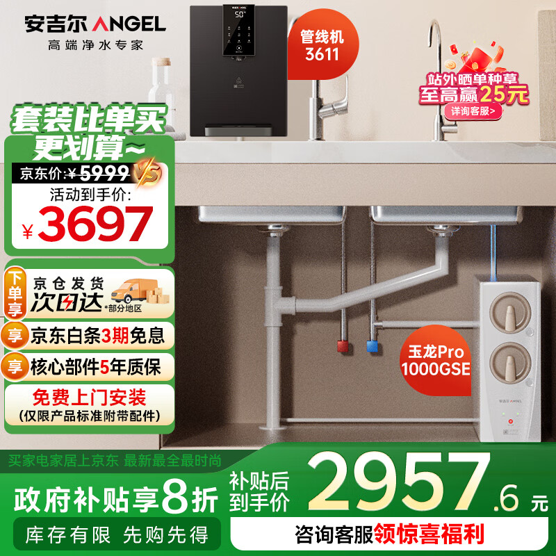 安吉爾凈水器家用直飲凈熱套裝【玉龍Pro1000GSE+管線機3611】廚下式反滲透過濾凈水機J3673-ROC120 b型 