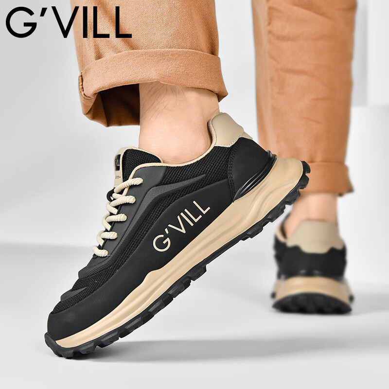 贵之步新款秋冬季舒适软底防滑缓震休闲鞋男款厚底增高运动鞋男鞋 黑杏 G003 42 （运动鞋码）