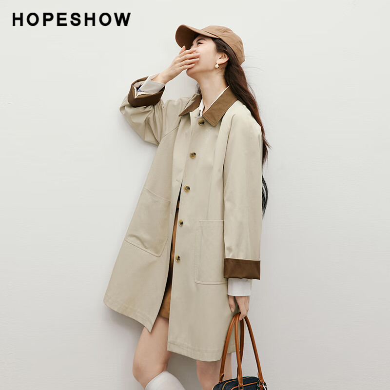 红袖（hopeshow）红袖撞色翻领中长外套90125090701 卡其色 S