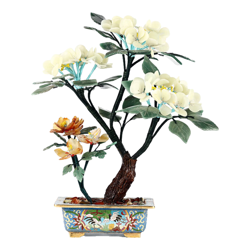 北玉非遺玉石盆景擺件岫玉禮物瑪瑙琺瑯瓊花景泰藍花盆正品收藏作品