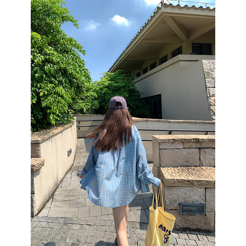 【优选】慵懒风休闲蓝色格子衬衫女2025早秋新款宽松百搭长袖防晒 蓝色 S