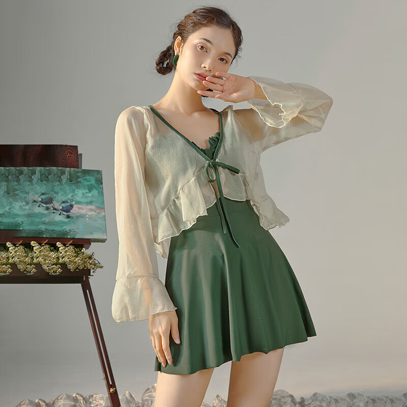 东方骆驼连体游泳衣女ins长袖夏季新款2025保守遮肚显瘦泡温泉感 绿色含外套 S 建议体重70-90斤