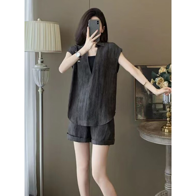 恒源祥时尚套装女夏季气质显瘦轻熟薄款减龄设计感假两件短袖短裤两件套 图片色套装 L 【建议105-119斤】