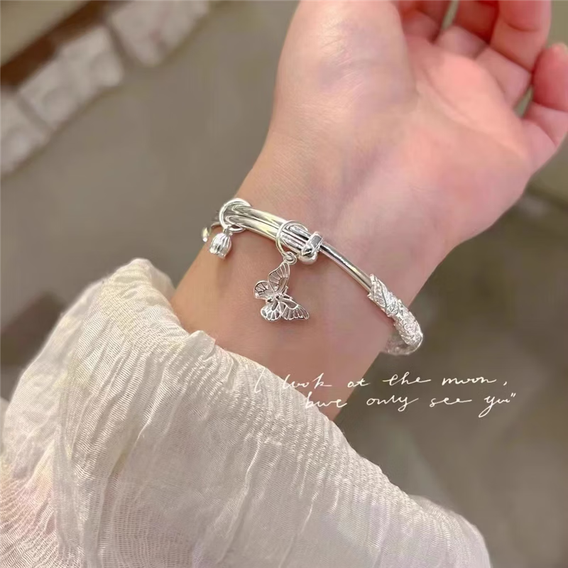 老凰祥繁花似锦银手镯女纯银9999足银实心镯子小众送女友生日礼物 25克 繁花似锦+蝴蝶花蕊 【送证