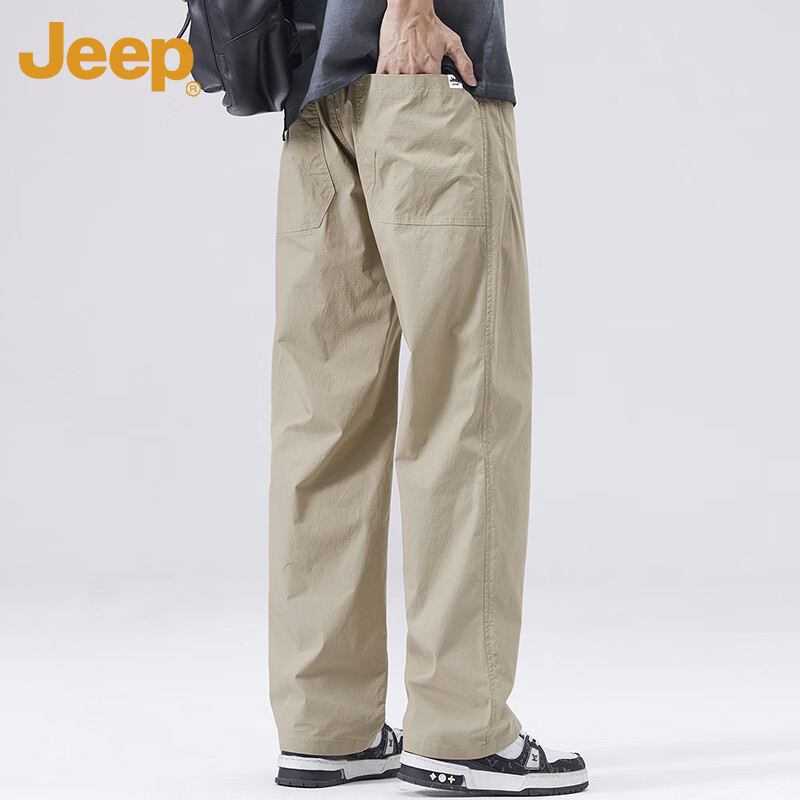 吉普（JEEP）冰丝裤子男士夏季休闲直筒裤子男薄款宽松纯色男裤 卡其色    XL