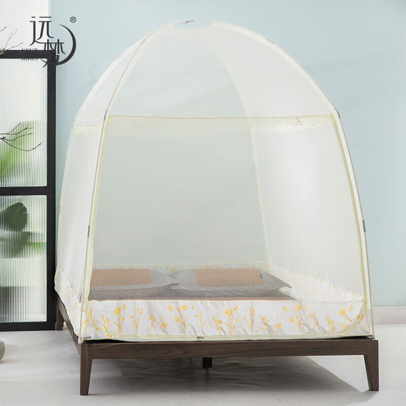 遠(yuǎn)夢蒙古包蚊帳三開門有底無底拉鏈加厚加密防蚊雙人1.5米1.8m床 米黃無底 1.5m床(150x190cm)高1.6米