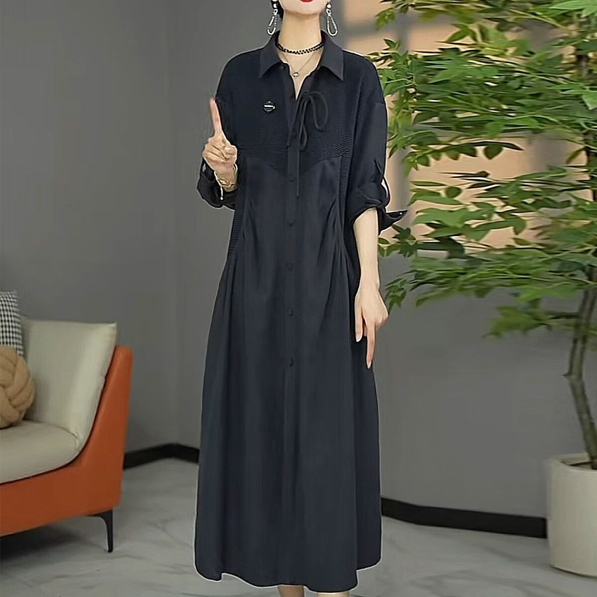 加肥加大码春秋连衣裙高质量休闲蓝灰高档开衫连衣裙大码遮肉 蓝灰色