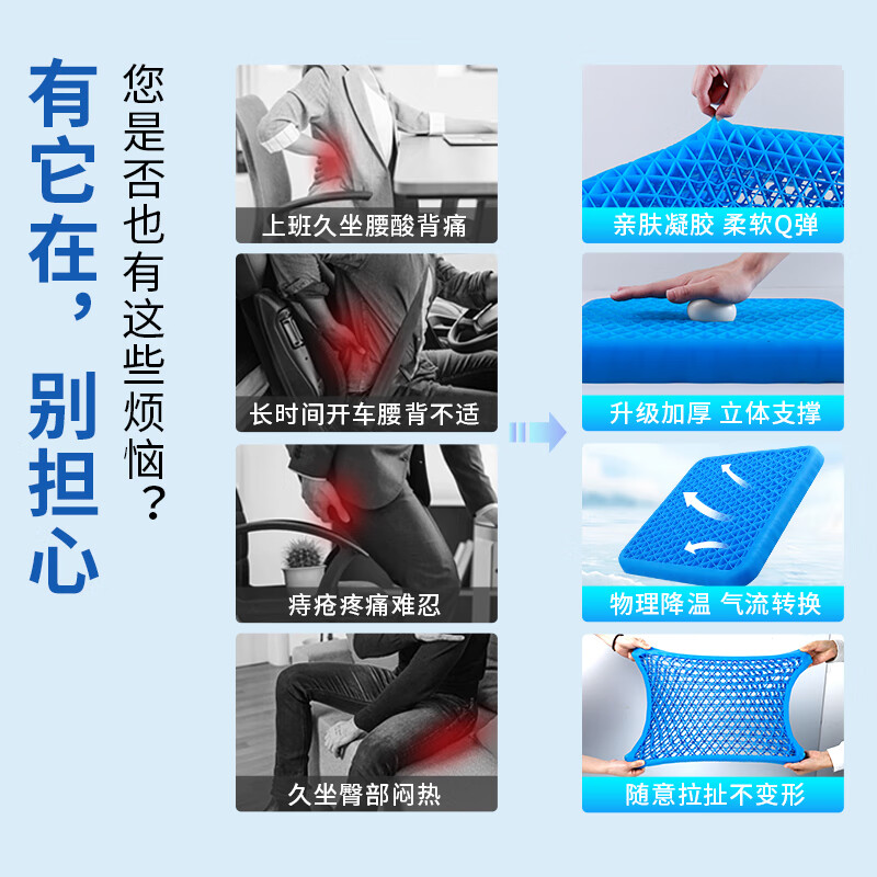 JCZS德国品牌凝胶坐垫座椅通风办公室椅子软坐垫凉垫屁垫蜂窝透气凉座 升级款-方形加大加厚款 50*50*4.5cm 防屁股痛 凉爽透气 柔软Q弹