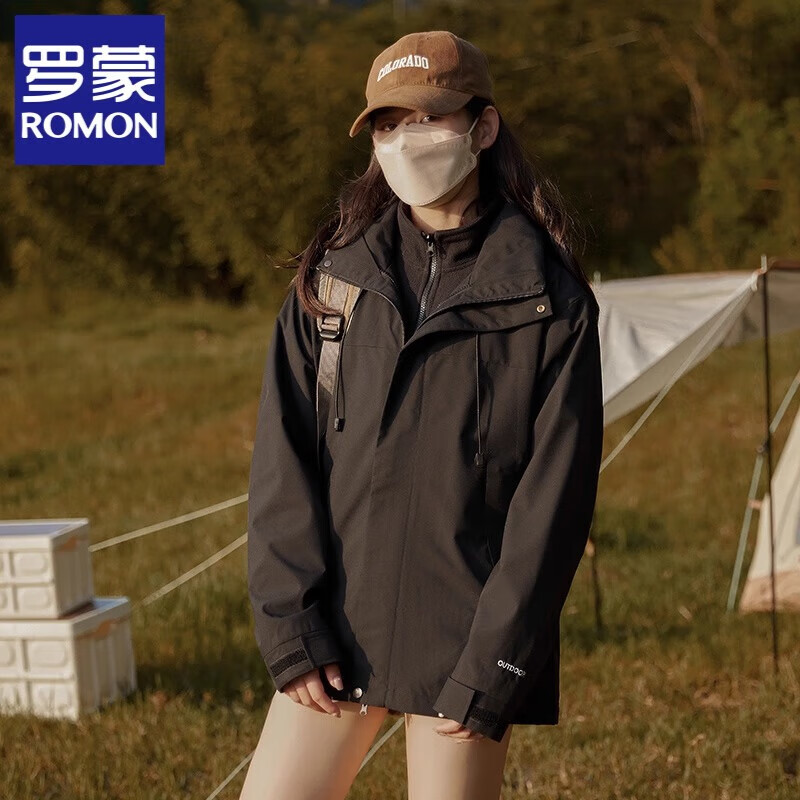罗蒙冲锋衣女三合一可拆卸夹克外套男户外防风防水情侣登山服 黑 L