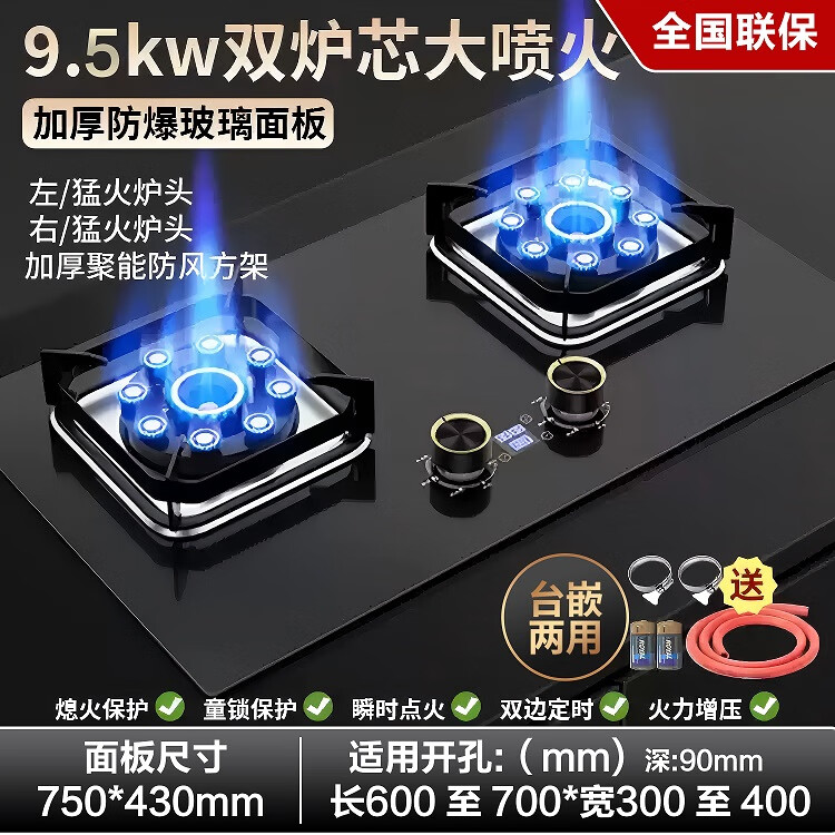 樱花燃气灶双灶家用煤气炉台式嵌入式天然液化气节能猛火煤气灶具灶台 B25-9.5KW-双炉-芯直喷火-带定时 液化气