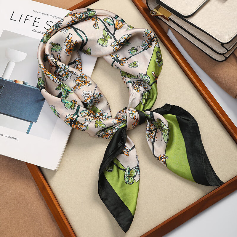 新款丝巾女时尚百搭高级感70方巾韩版护颈领巾春秋复古围巾绑包 花卉蝴蝶