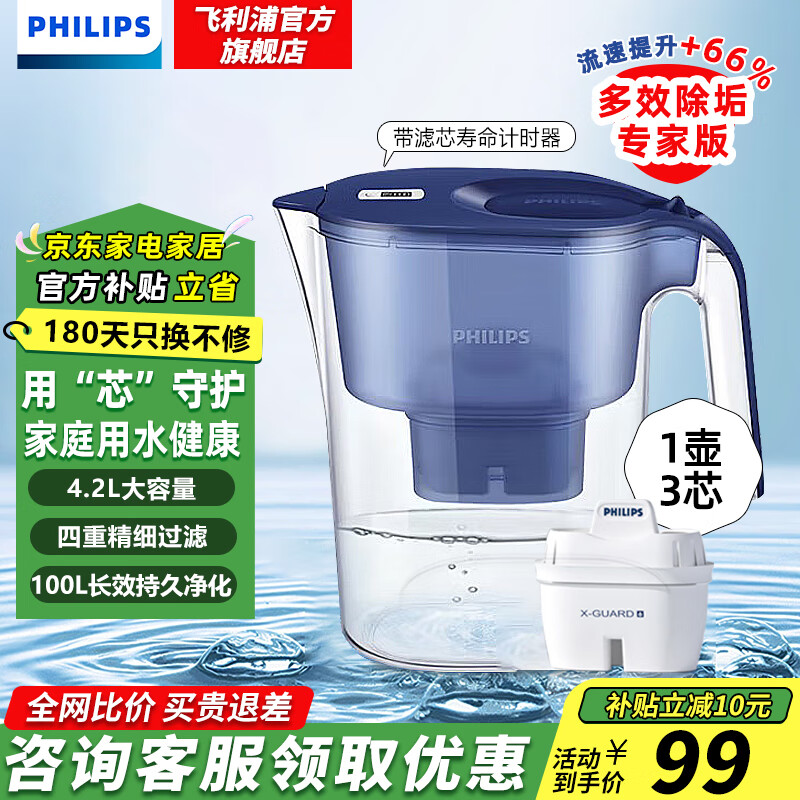 飞利浦（PHILIPS）净水壶 滤水壶 家用净水器 厨房自来水过滤器 滤水器 过滤器滤芯 便携净水杯 AWP2814蓝色/白色  蓝1壶3芯【专家版】