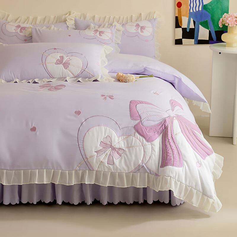 诸禄儿童磨毛床裙款四件套女孩亲肤贴布绣蝴蝶结被套单人女童2025新款 浪漫告白-紫 床单款 2.0m床单四件套被套220*2