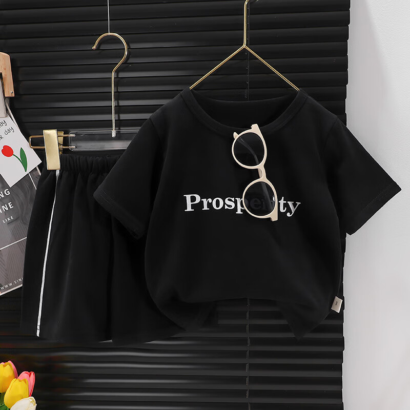 温小影2025新款儿童短袖套装条纹女童男童t桖夏季宝宝婴儿衣服韩版童装 套装黑 90