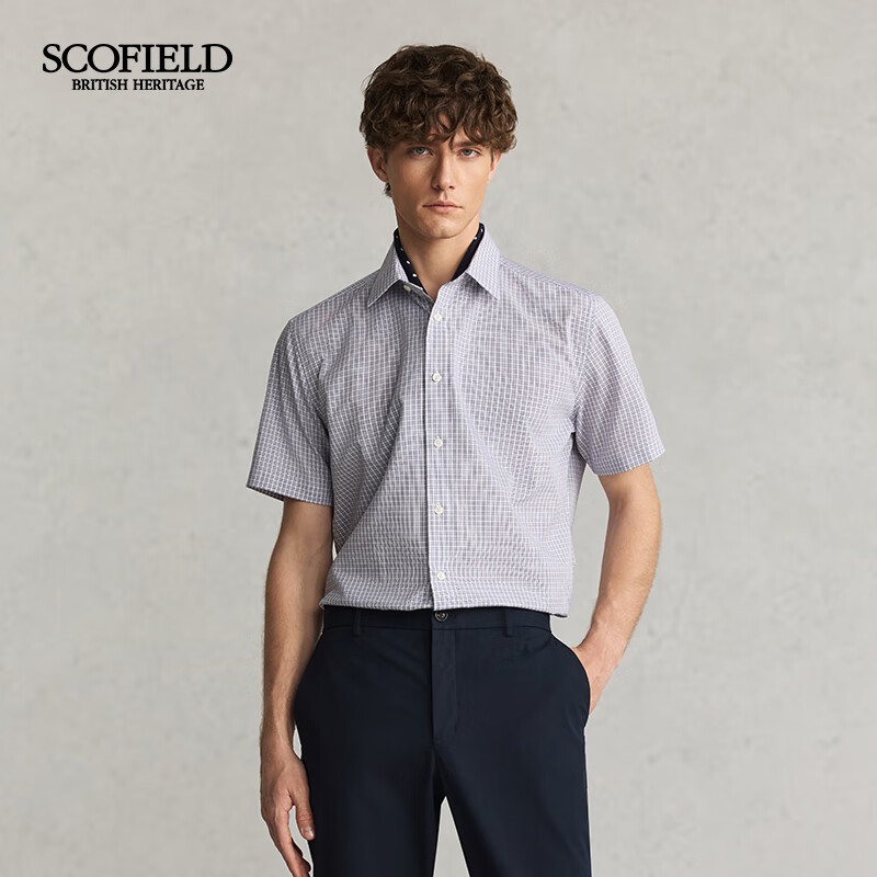 Scofield男士25年夏季新款纯棉商务休闲短袖时尚百搭通勤格子衬衫 紫色 XL (180)