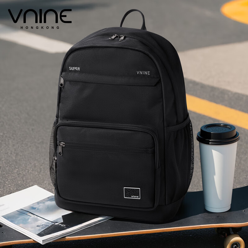 第九城(V.NINE)双肩包男生大容量背包女士简约百搭笔记本电脑包大学生书包 曜石黑