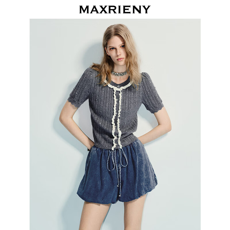 MAXRIENY【商场同款】精致复古感撞色修身套头短袖毛衫女25夏款 深灰 L
