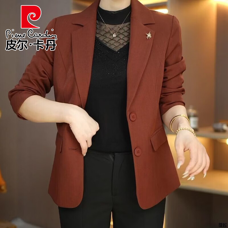 皮尔卡丹时尚妈妈装新款洋气高档女士小西装外套春秋款减龄百搭显瘦上衣潮 安哥拉红 2XL 108-120斤