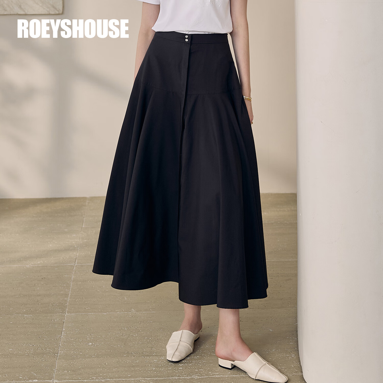 ROEYSHOUSE罗衣气质简约黑色大摆半身裙2025夏季新款时尚百搭高腰长裙12432 黑色 L
