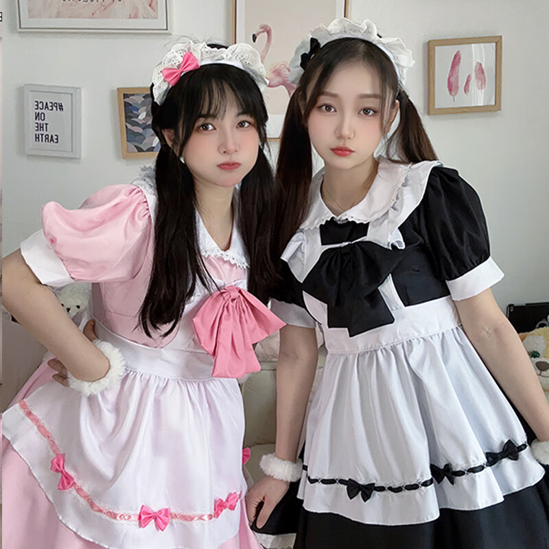 挽枝日系甜美可愛粉白女仆裝cosplay洛麗塔lolita二次元軟妹女傭制服 888黑色【裙+圍裙+蝴蝶結(jié)+頭飾】 L
