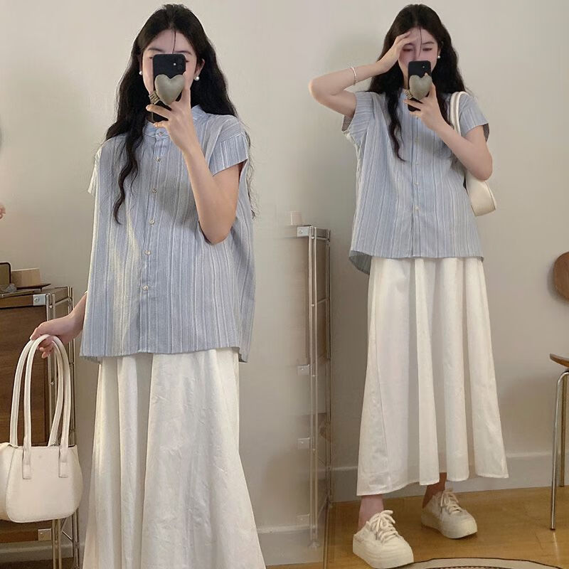爱菲莹孕妇装2025夏季新款韩版可开扣衬衫上衣+托腹半身裙休闲简约套装 半身裙【高品质】 M【90-110】